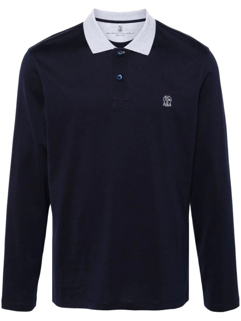 Brunello Cucinelli Long-Sleeve Polo With Contrast Collar And Embroidered Detail
