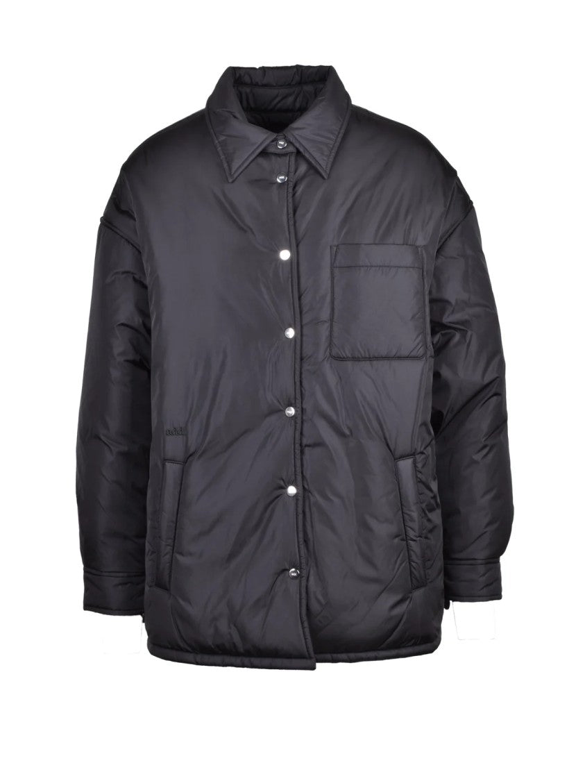 Add Down-Filled Black Nylon Short Coat With Snap Button Closure