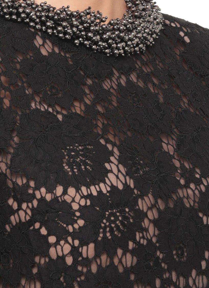 Self-Portrait Black Lace Midi Dress With Nude Slip And Silver-Embellished Collar