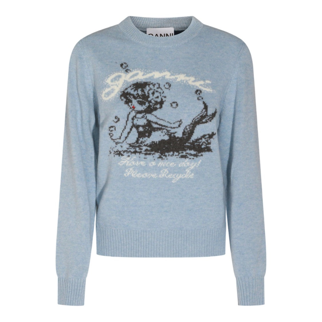 Ganni Light Blue Knit Sweater With Mermaid Graphic Design