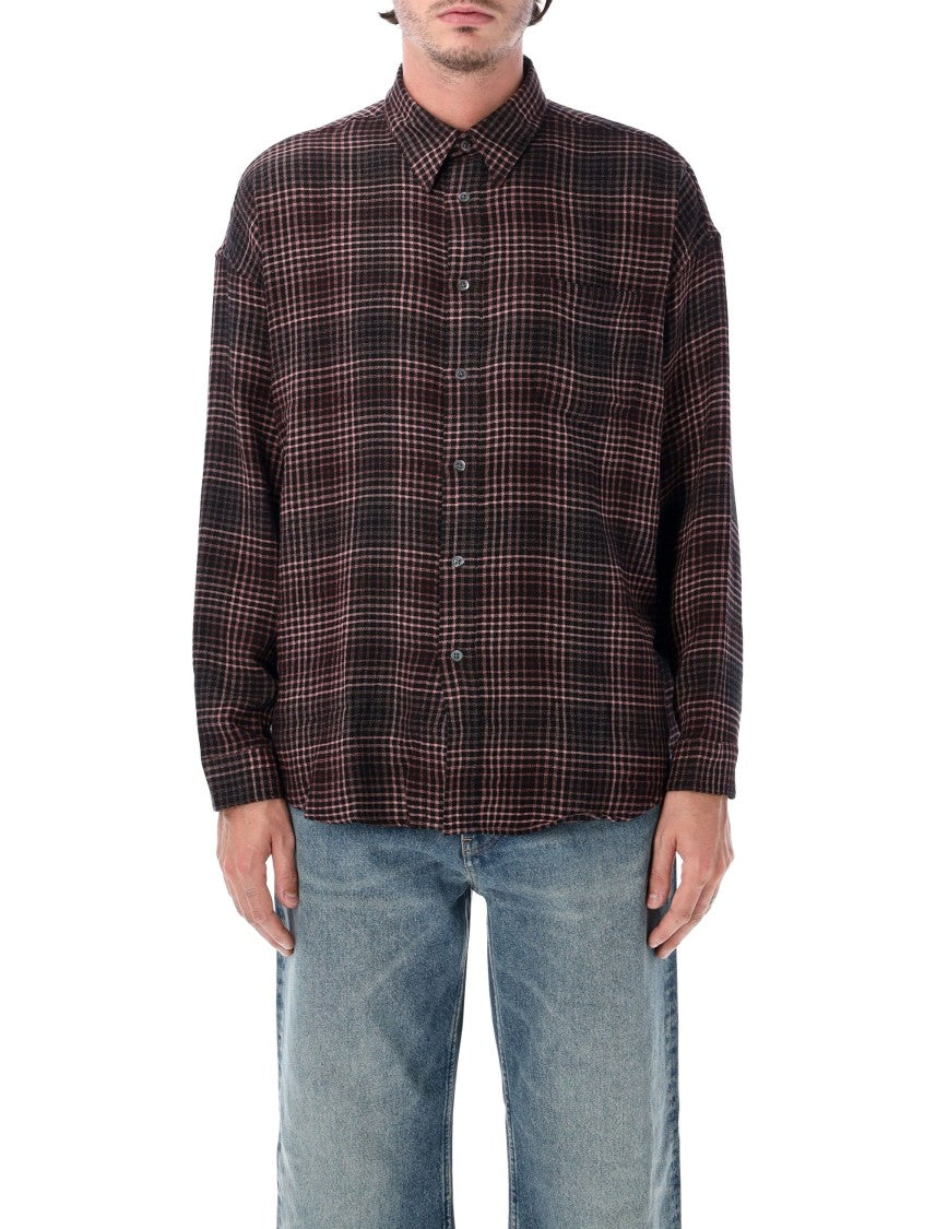 Sunflower Stable Pink Black Check Slub Wool-Blend Curved Hem Shirt