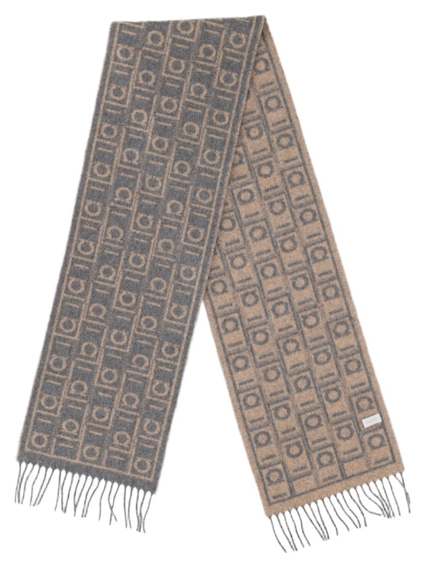 Ferragamo Grey Reversible Geometric Fringed Cashmere Wool Scarf