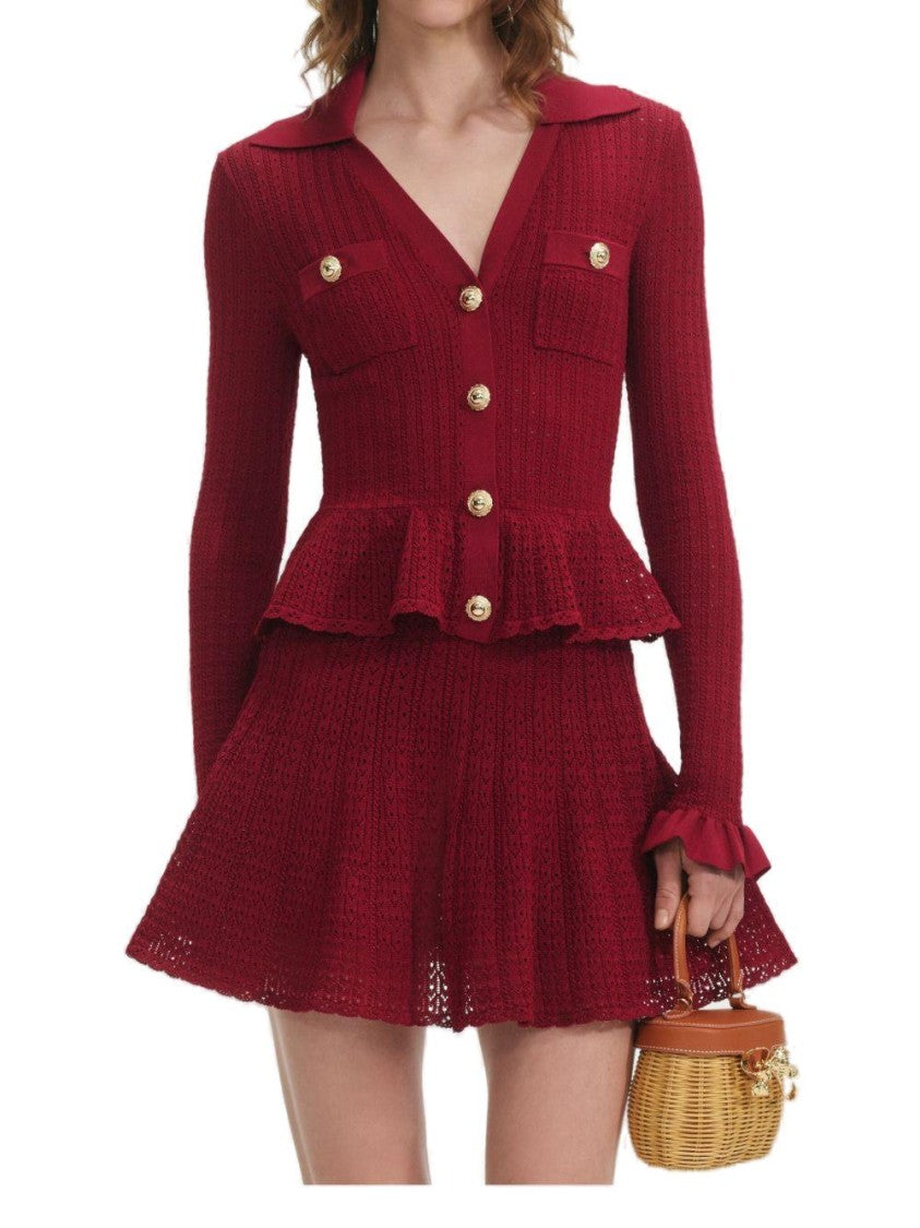 Self-Portrait Burgundy Mini Dress With V-Neck And Flared Hem