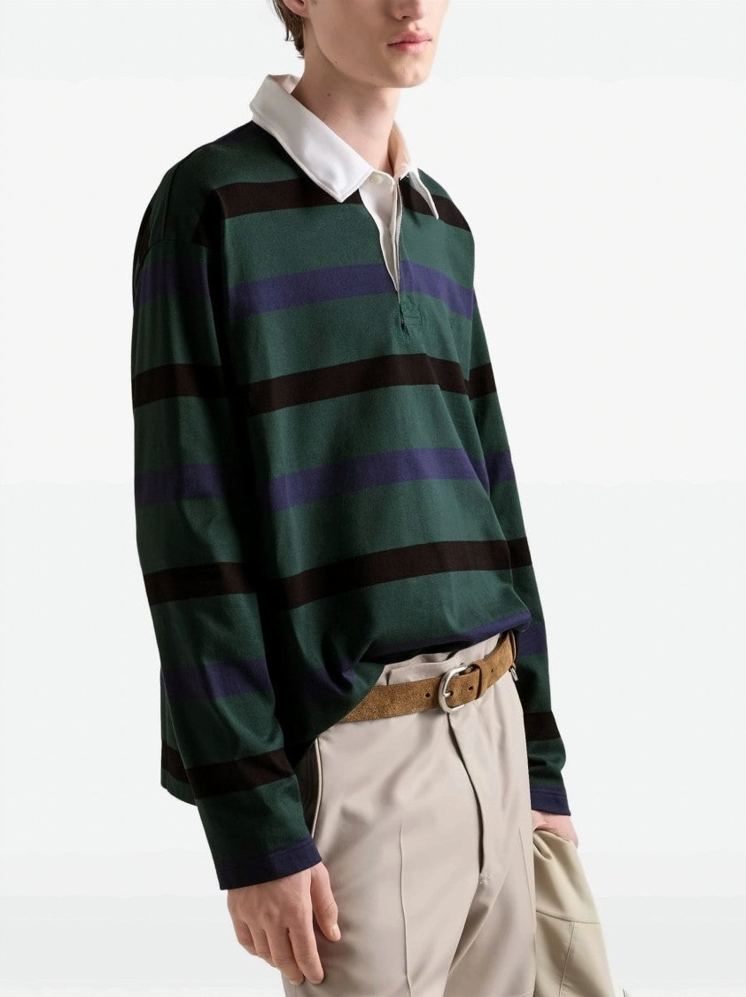 Prada White Striped Cotton Poplin Polo Shirt