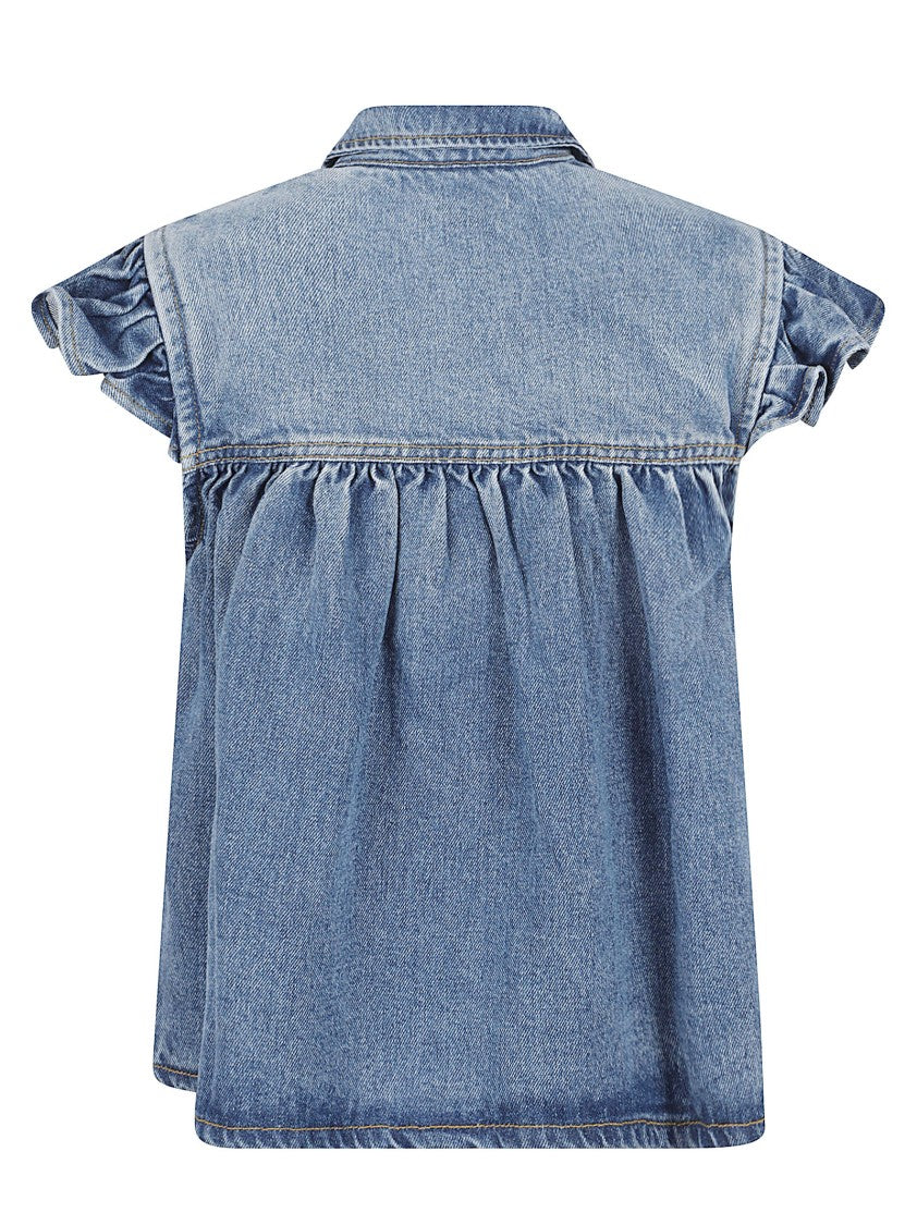 Ganni Medium-Wash Denim Shirt With Ruffled Sleeves