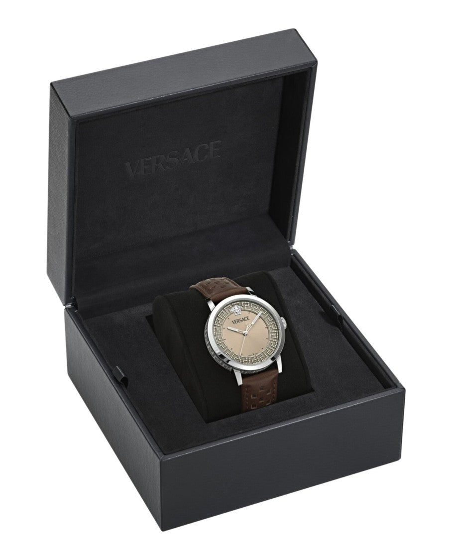 Versace Oval Brown Calf Leather Watch With Greek Key Detailing