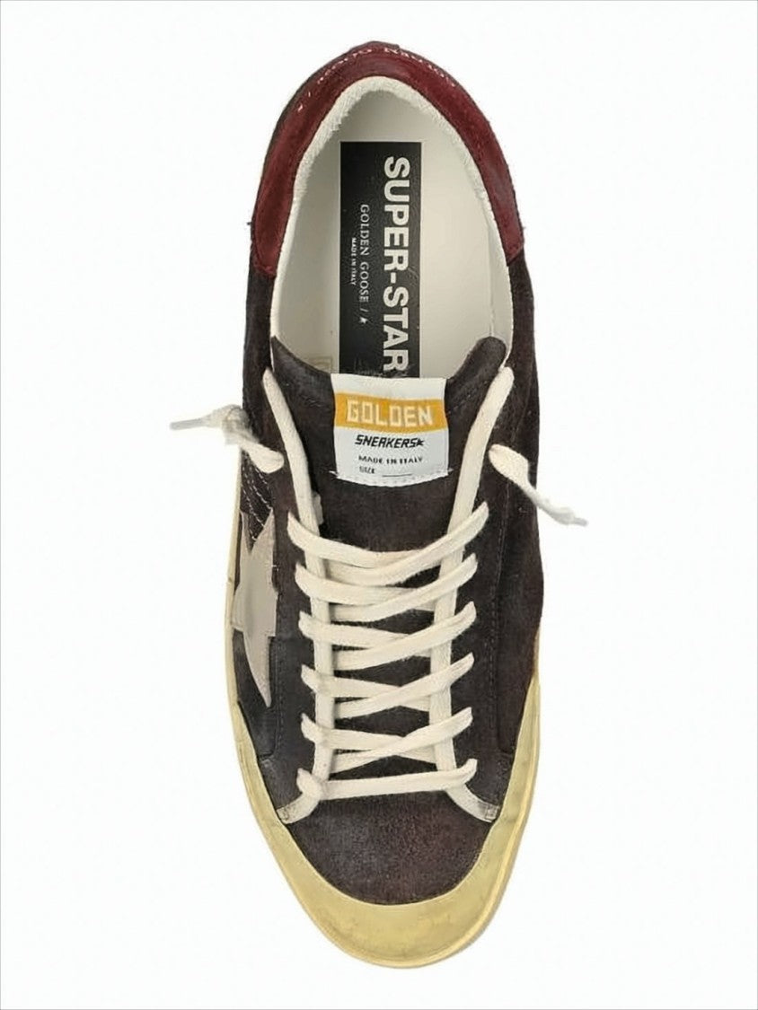 Golden Goose Distressed Black Suede Sneakers With Burgundy Heel Tab