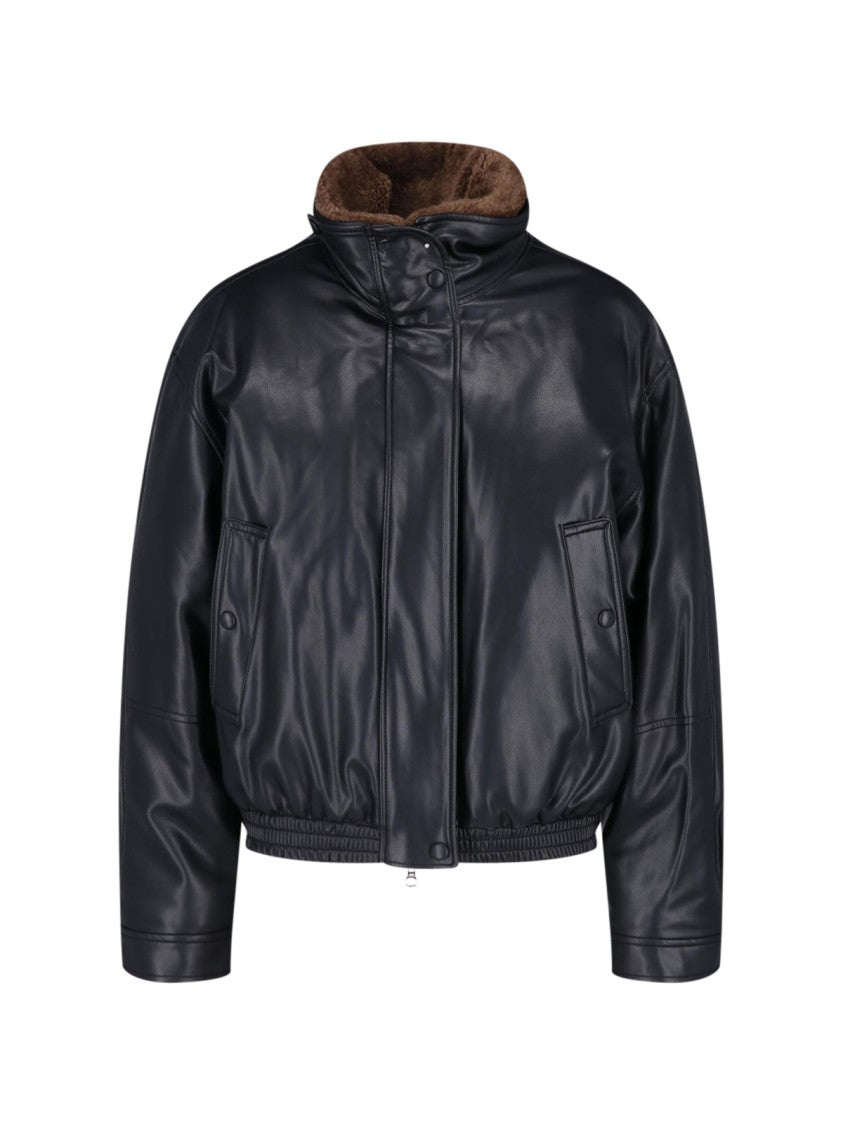 Low Classic Black Detachable Faux Fur Collar Faux Leather Bomber Jacket