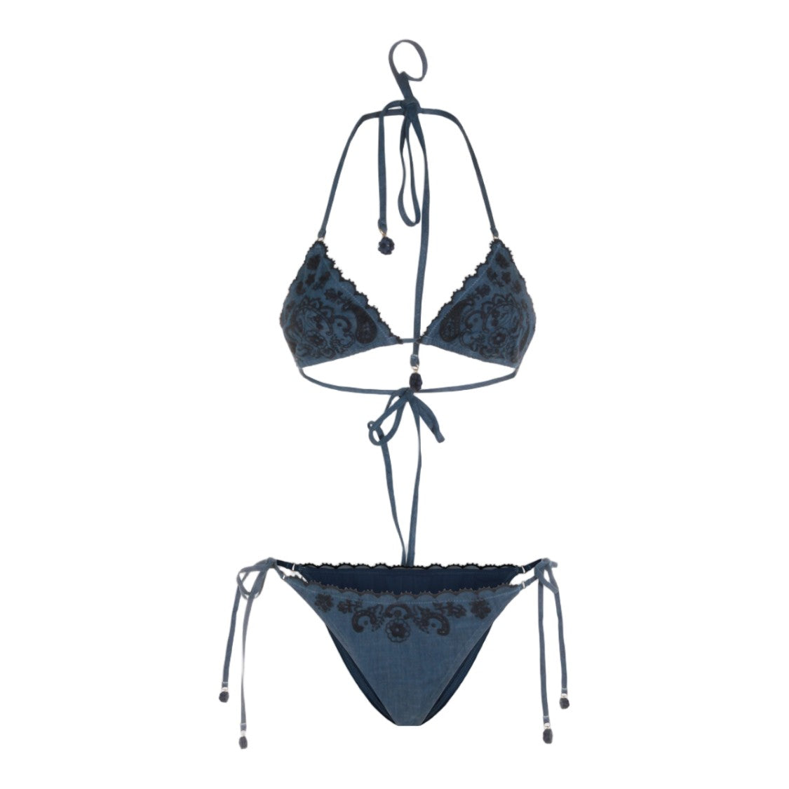 Zimmermann Intricately Embroidered Denim-Like Bikini Set With Scalloped Edges