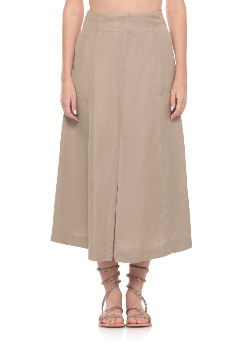 120% Lino Beige Linen Midi Skirt With Flared Silhouette And Detailed Seams