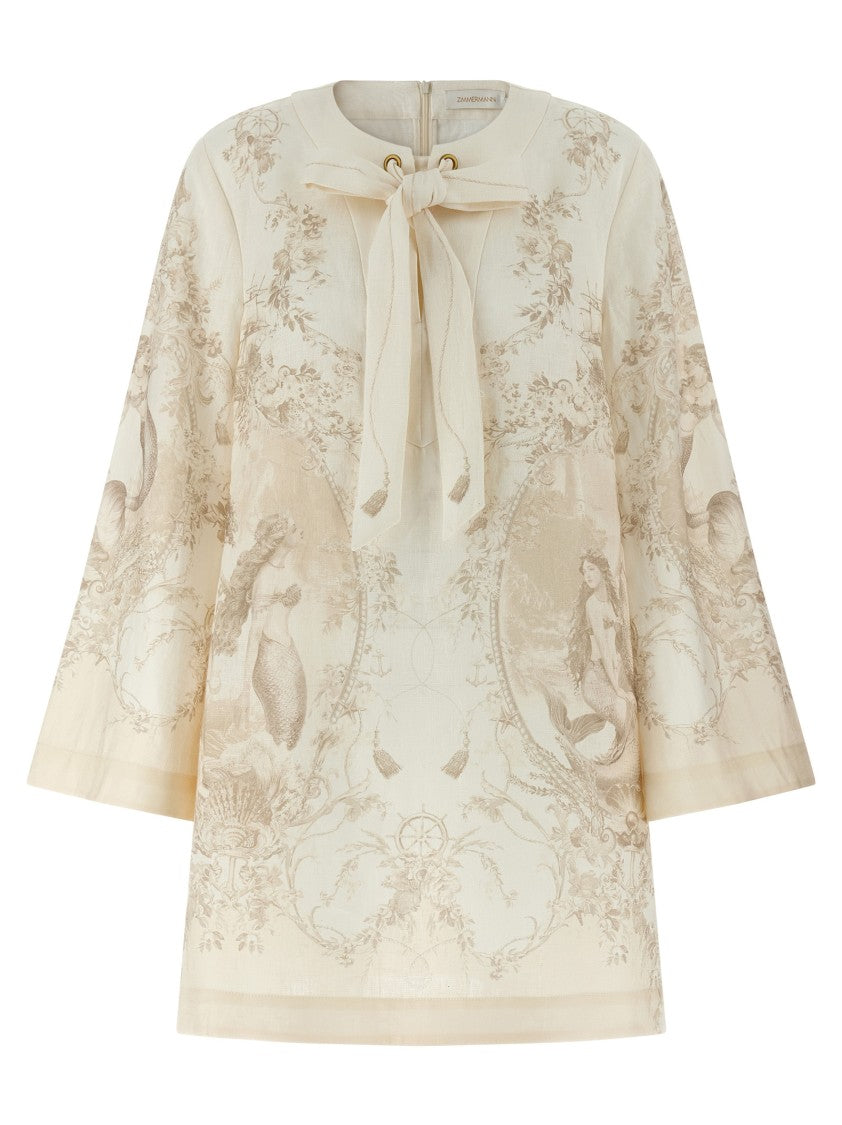 Zimmermann Mermaid Toile Patterned Linen Mini Tunic Dress With Flared Sleeves
