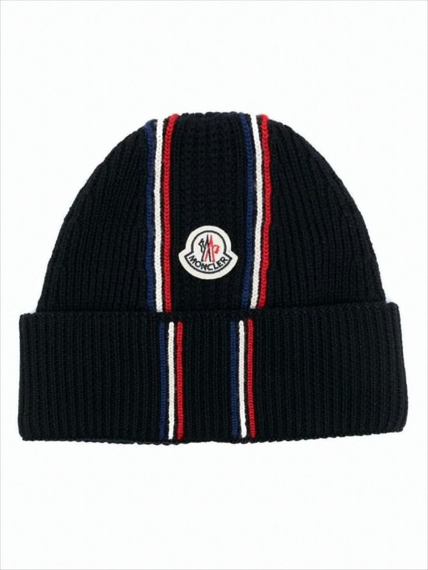 Moncler Ribbed Wool Beanie With Folded Cuff And Striped Detail