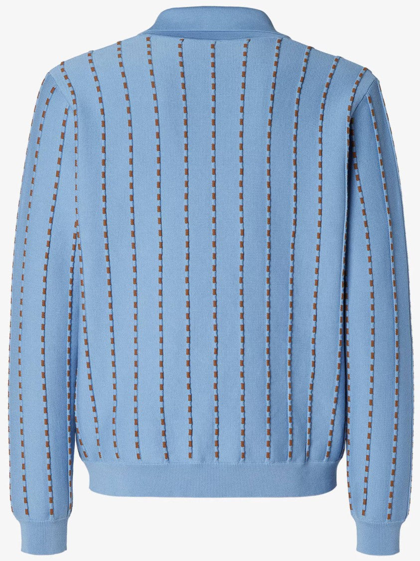 Fendi Light Blue Knit Polo Sweater With Vertical Stripes