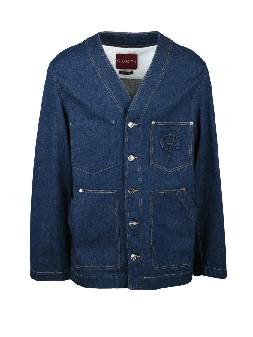 Gucci Blue Unlined Rose Detail Denim Jacket