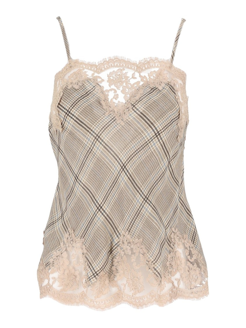 Ermanno Scervino Lace-Trimmed Plaid Flared Tank Top