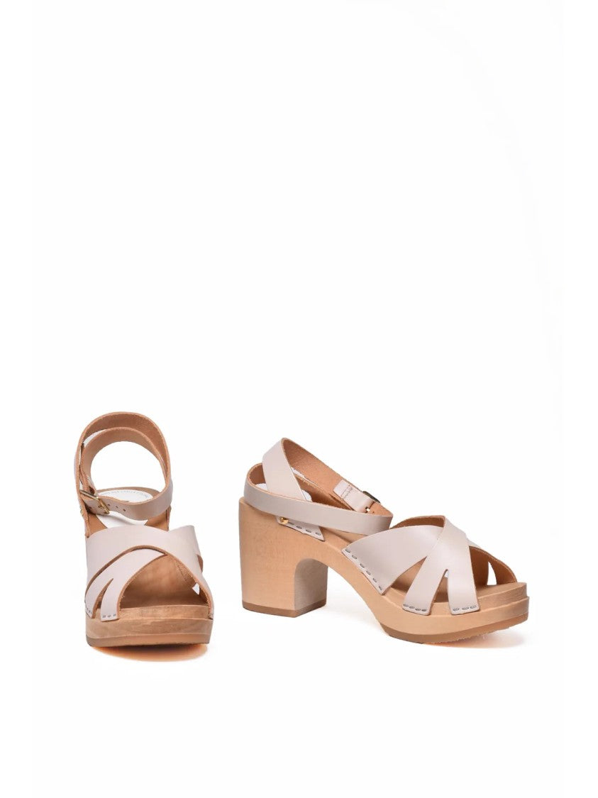 Sabot Youyou White Wooden Block Heel Leather Sandals