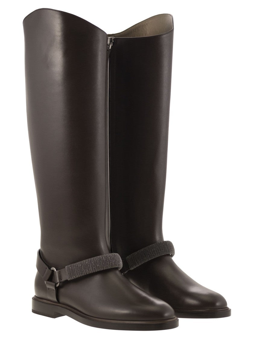 Brunello Cucinelli Mat Calf Boots With Precious Ribbed Strap