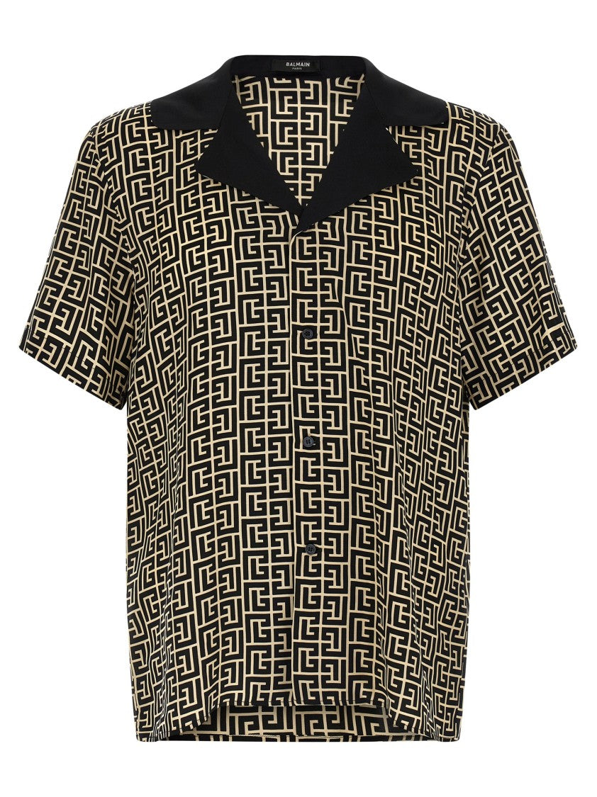 Balmain Geometric Monogram Cupro Bowling Shirt With Contrast Collar