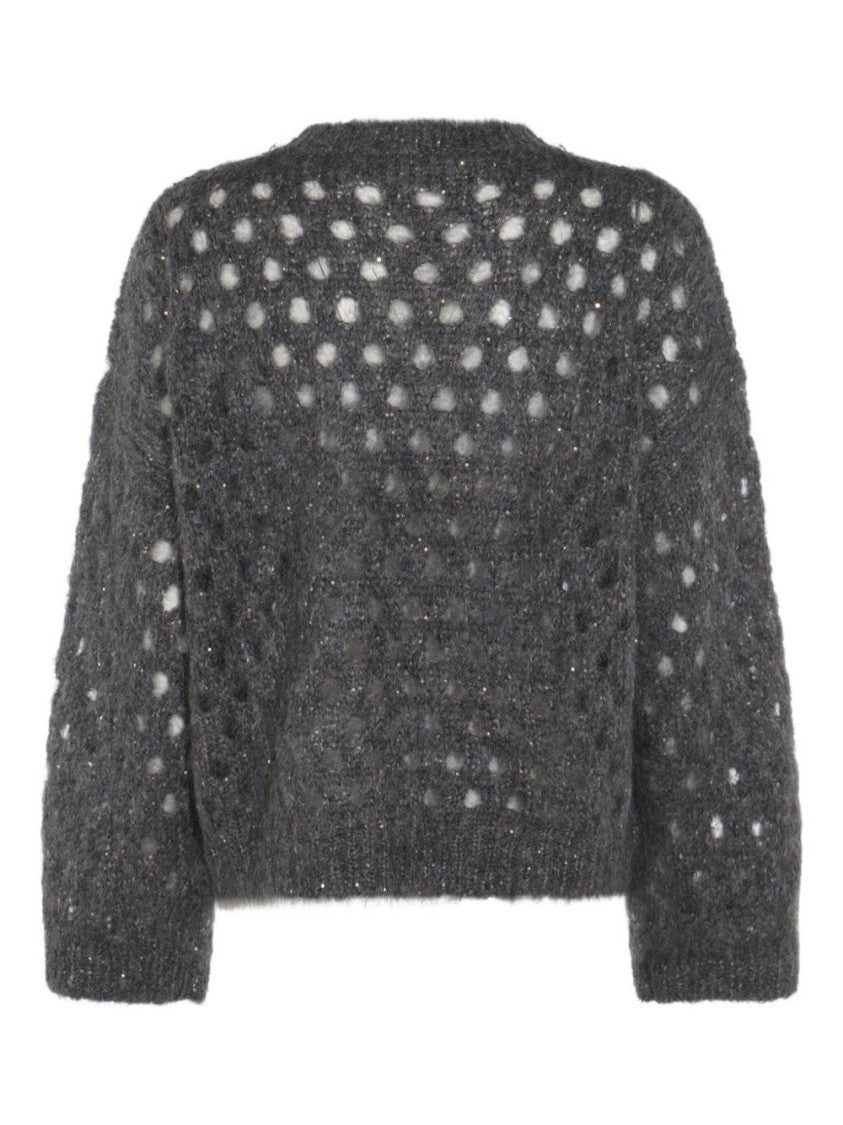 Brunello Cucinelli Open-Knit Grey Sweater With Metallic Threads