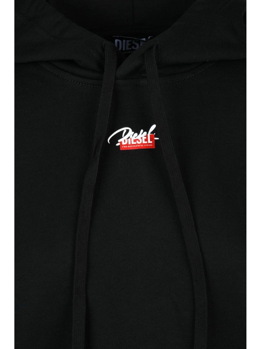 Diesel Cropped Black Hoodie With Drawstring And Minimalist Logo