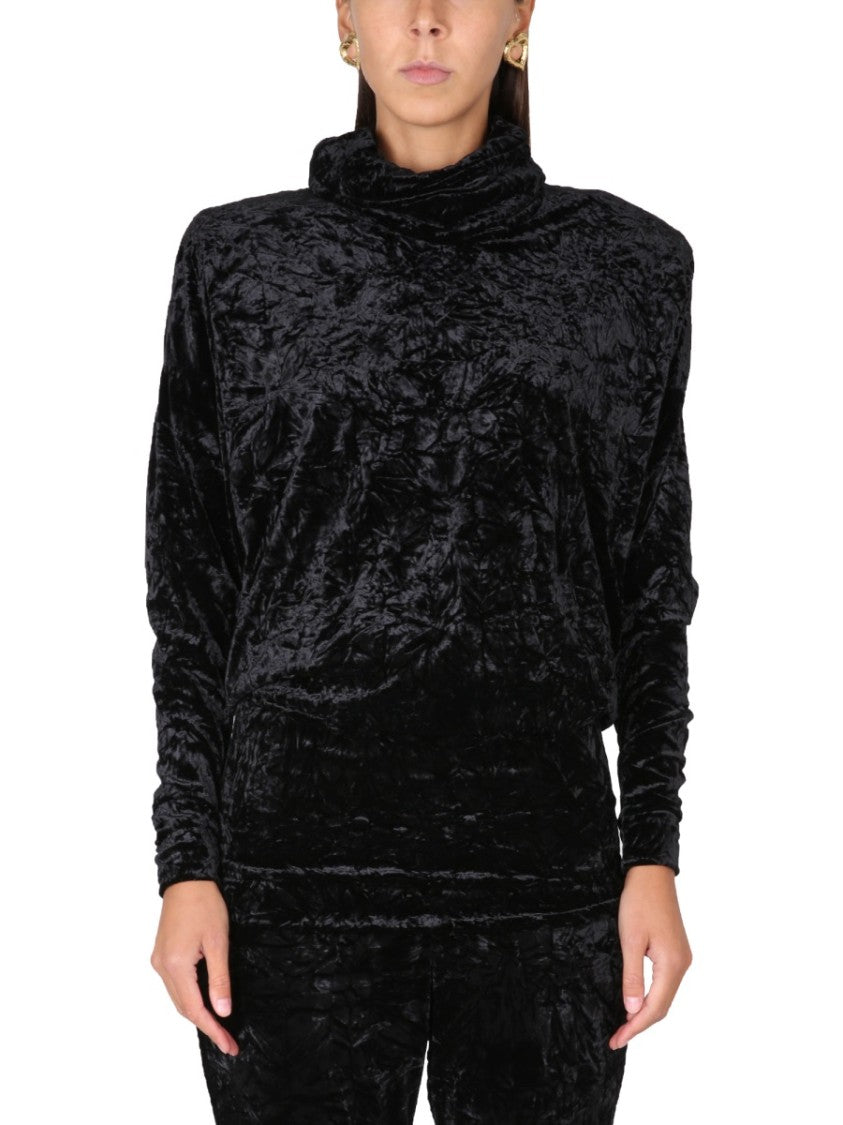 Saint Laurent High Shawl Collar Velvet Turtleneck Top