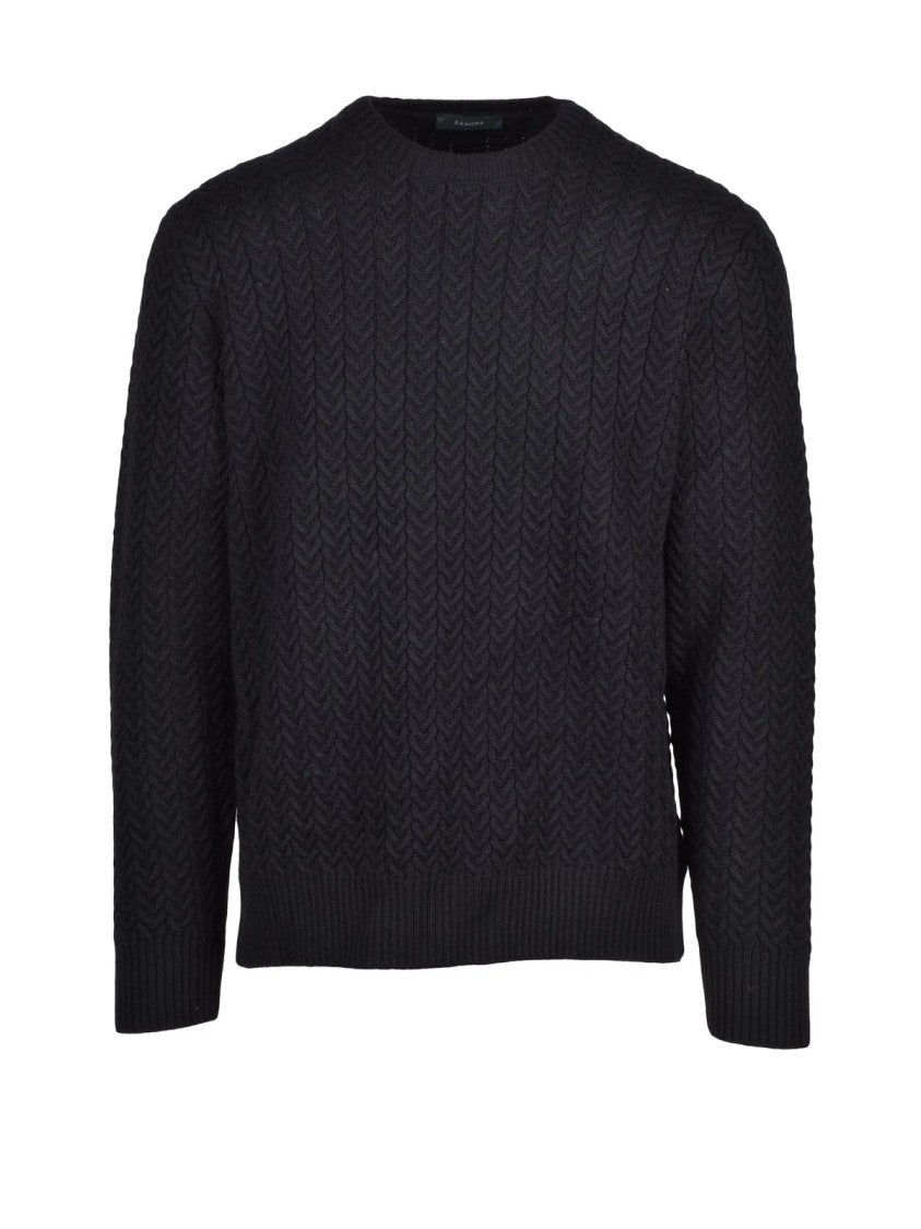 Zanone Black Cable Knit Virgin Wool Crewneck Sweater