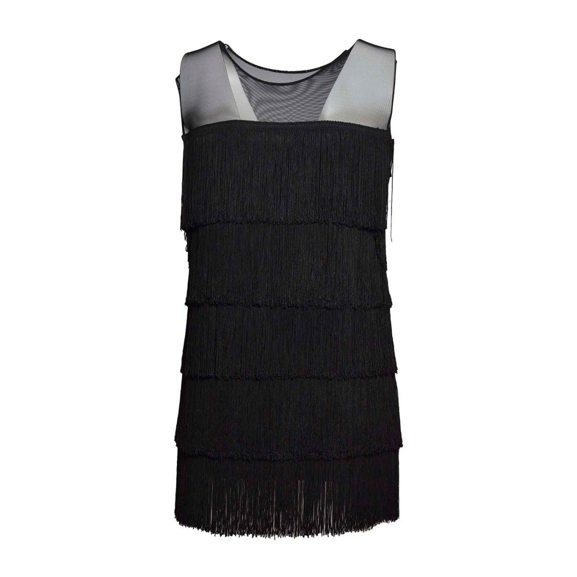 Norma Kamali Fringe-Panel Sleeveless Mini Dress With Subtle Transparency