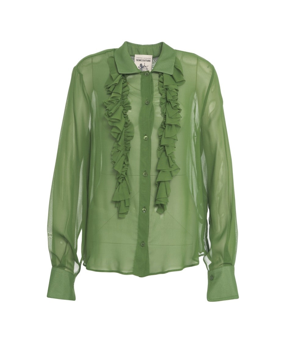 Semi Couture Sheer Green Blouse With Cascading Ruffles
