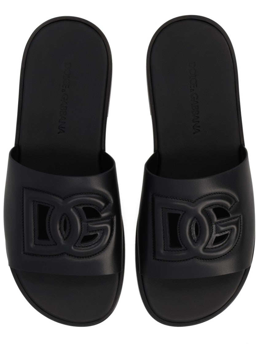 Dolce & Gabbana Raised Logo Leather Flat Slides