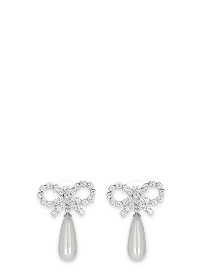 Self-Portrait Silver Crystal Bow Pearl Teardrop Earrings