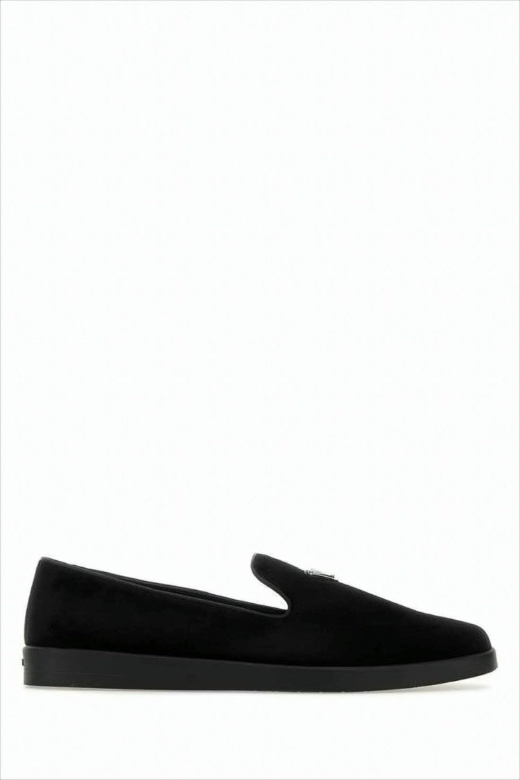 Prada Suede Black Loafers With Minimalist Design And Subtle Emblem