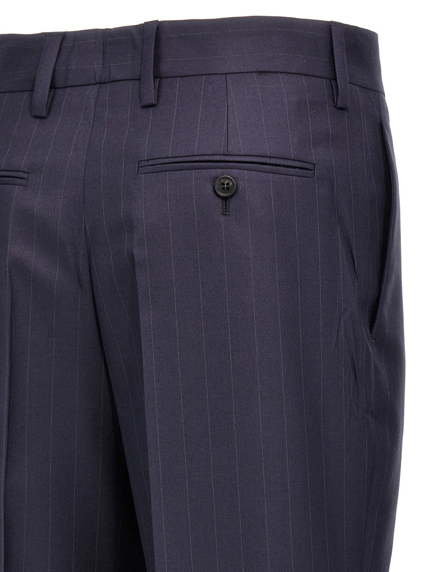 Prada Pinstripe Gabardine Trousers With Tailored Pleat And Turn-Up Hem