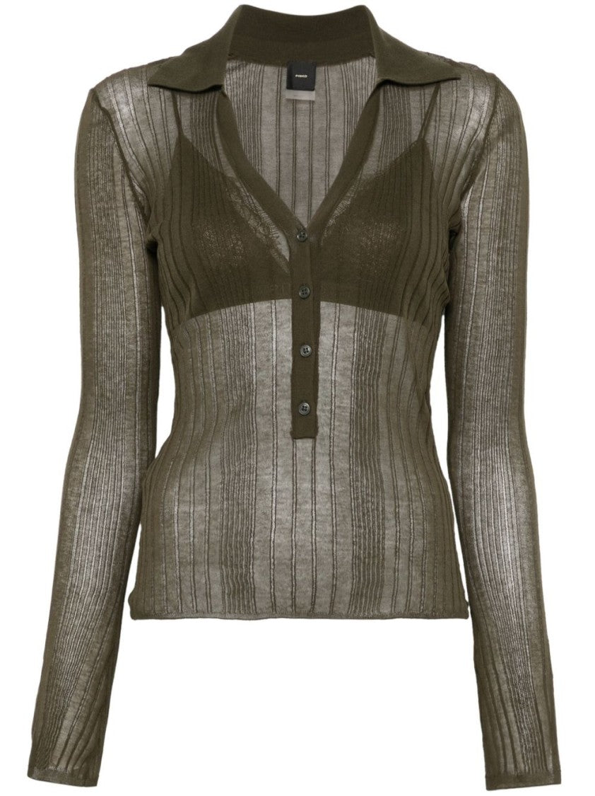 Pinko Ribbed Long-Sleeved Top With Deep V-Neckline