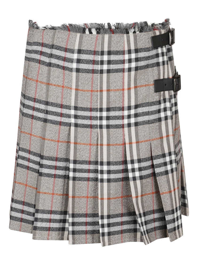 Burberry Plaid Pleated Skirt With Frayed Hem And Buckle Accents