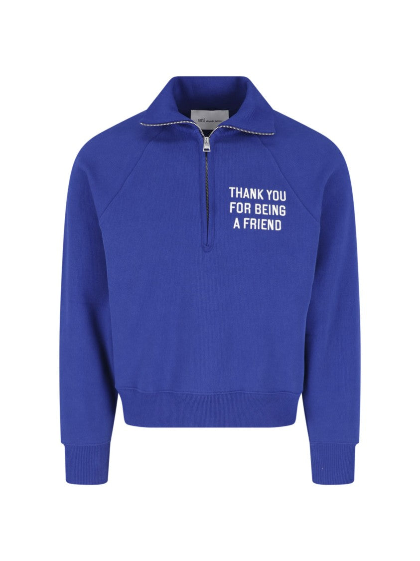 Ami Paris Blue Cropped Half-Zip Cotton Sweatshirt