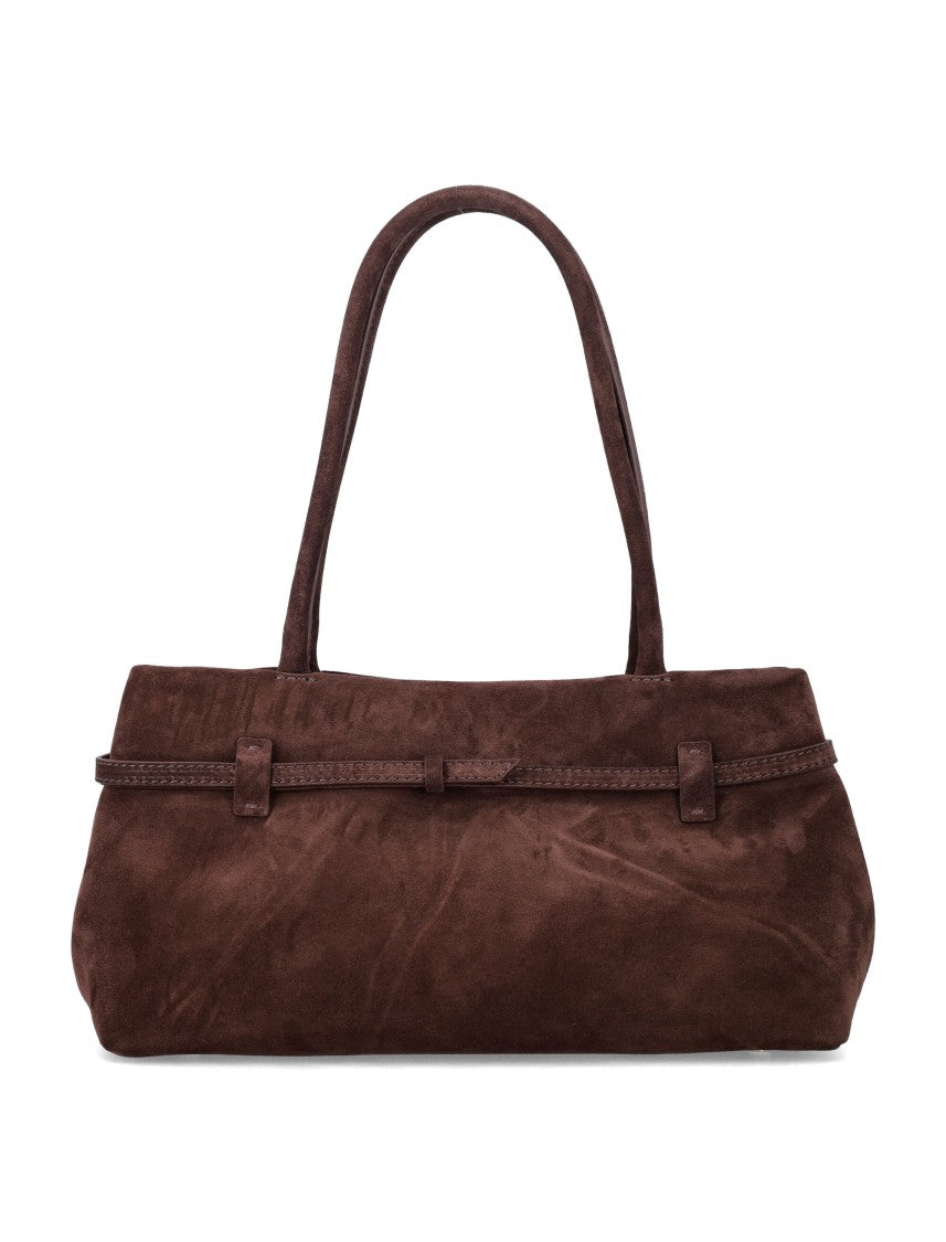 Manu Atelier Elongated Suede Handbag With Magnetic Closure And Double Top Handles