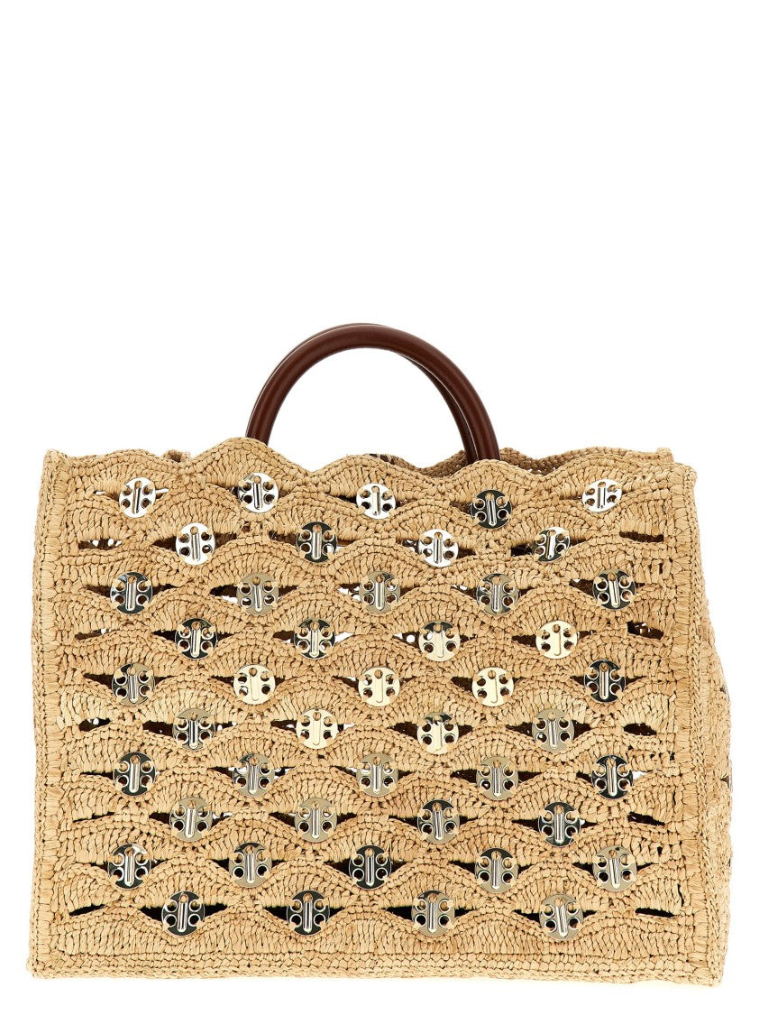 Paco Rabanne Raffia Handbag With Scalloped Edges And Metal Appliqués
