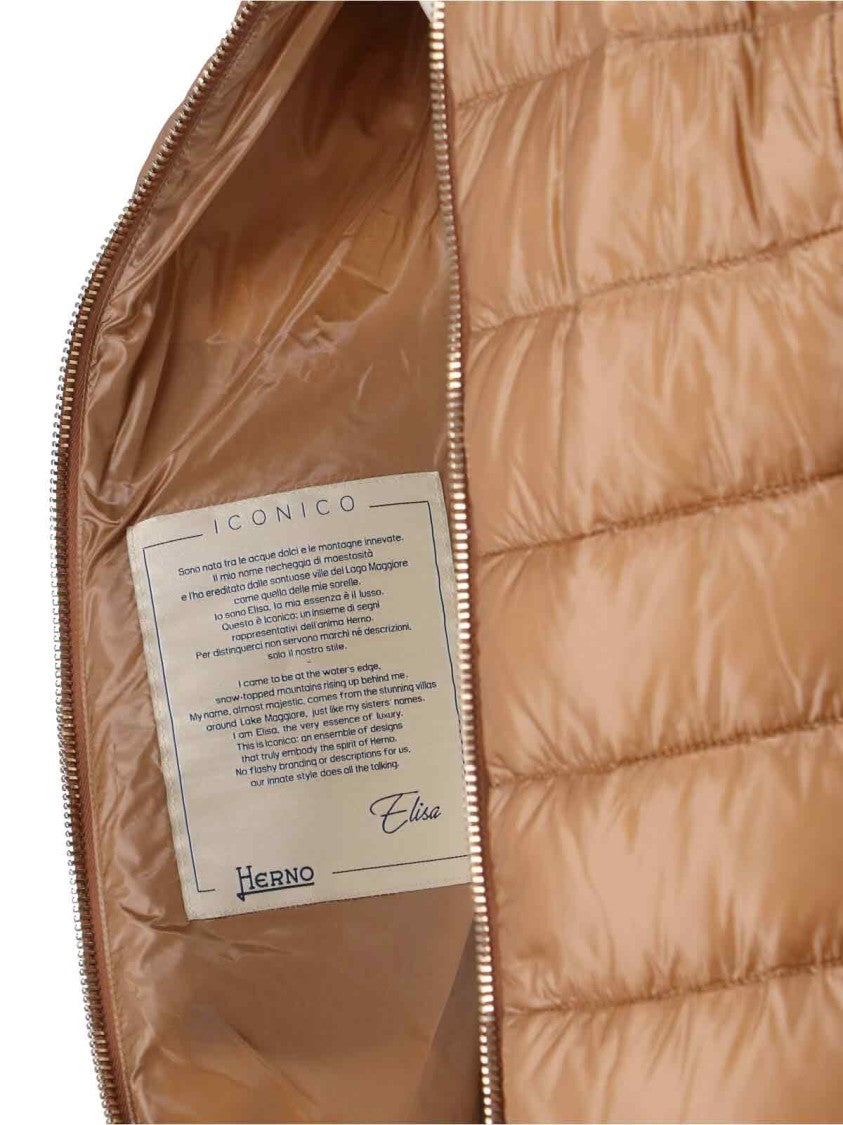 Herno Long Quilted Brown Piumino With Removable Knit Collar