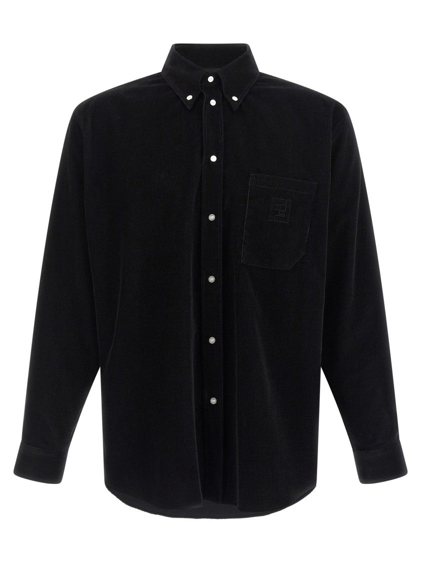 Fendi Textured Black Corduroy Shirt With Button-Down Collar And Embroidered Logo