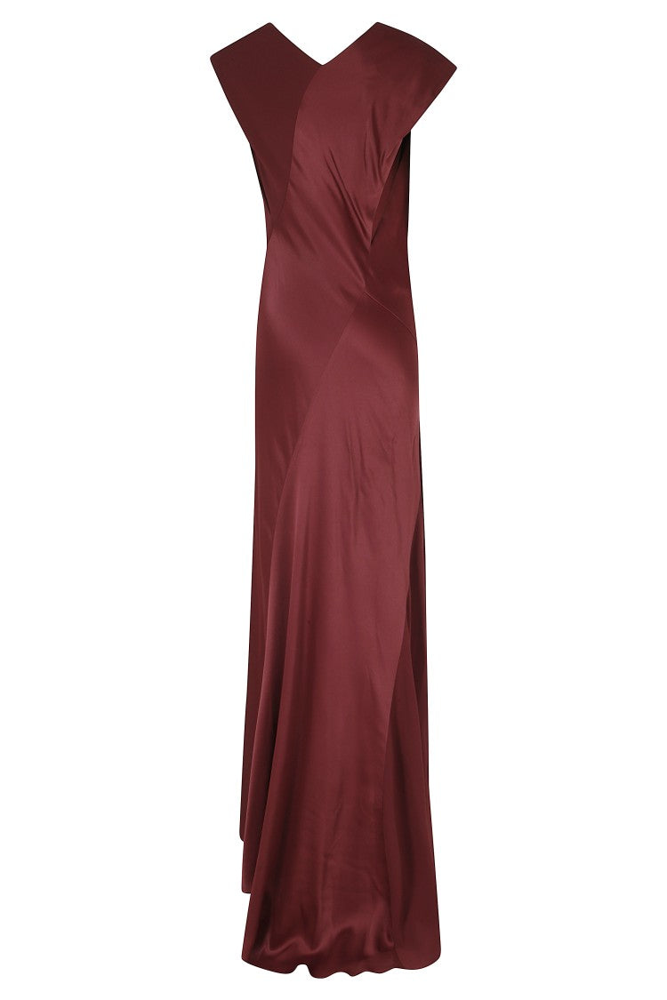 Alberta Ferretti Bordeaux Asymmetric Cowl Neck Viscose Satin Maxi Dress