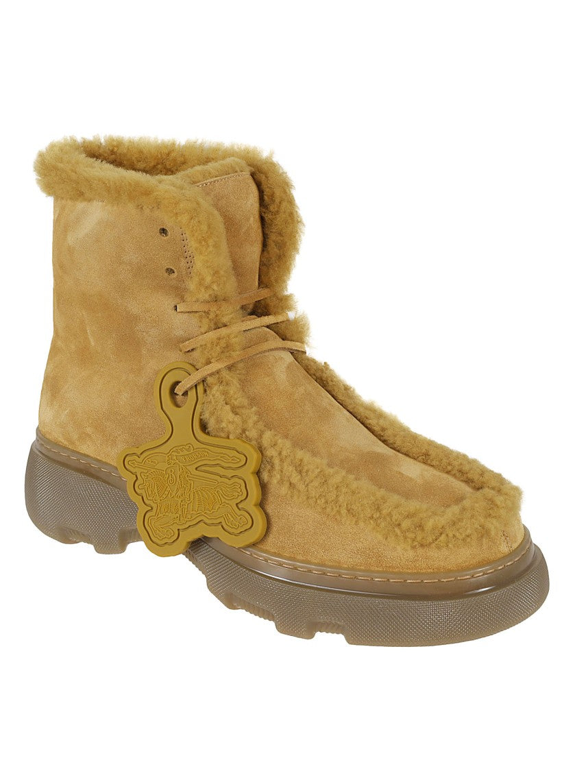 Burberry Lace-Up Suede Boots With Shearling Lining