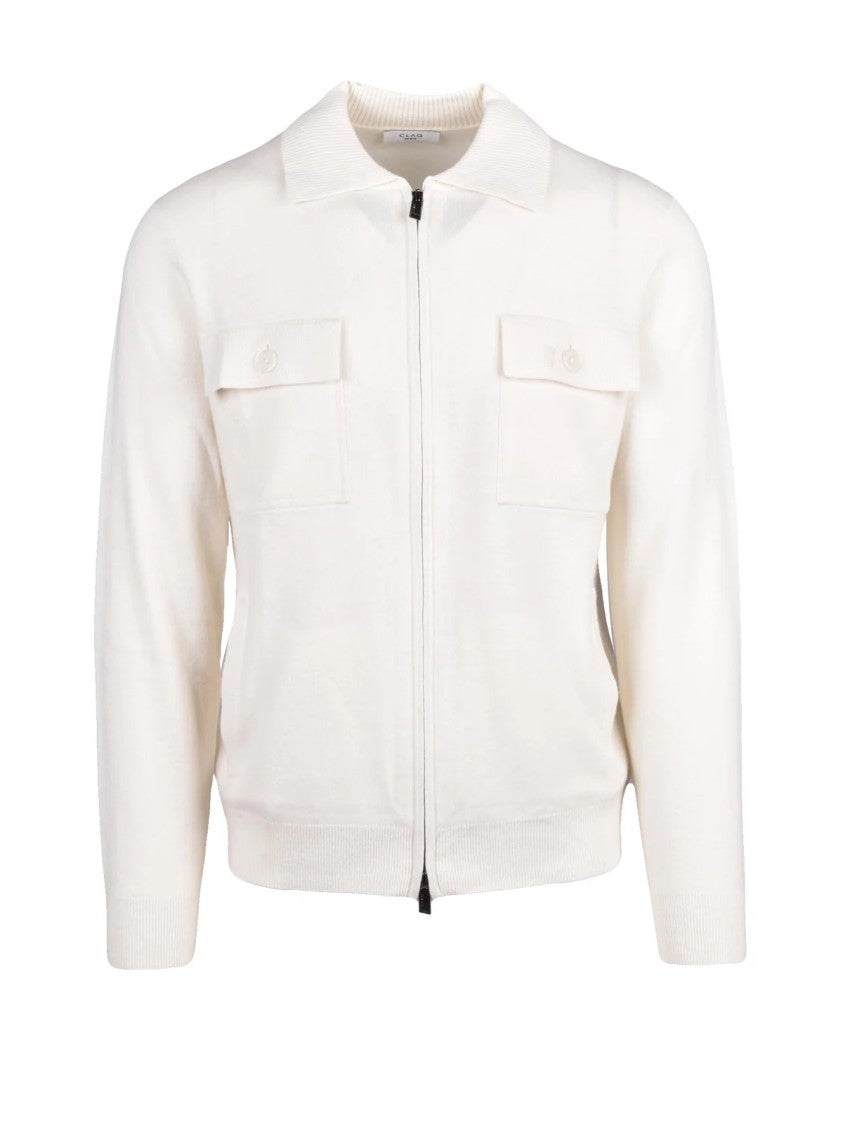 Claq White Supergeelong Merino Wool Zip Polo Cardigan