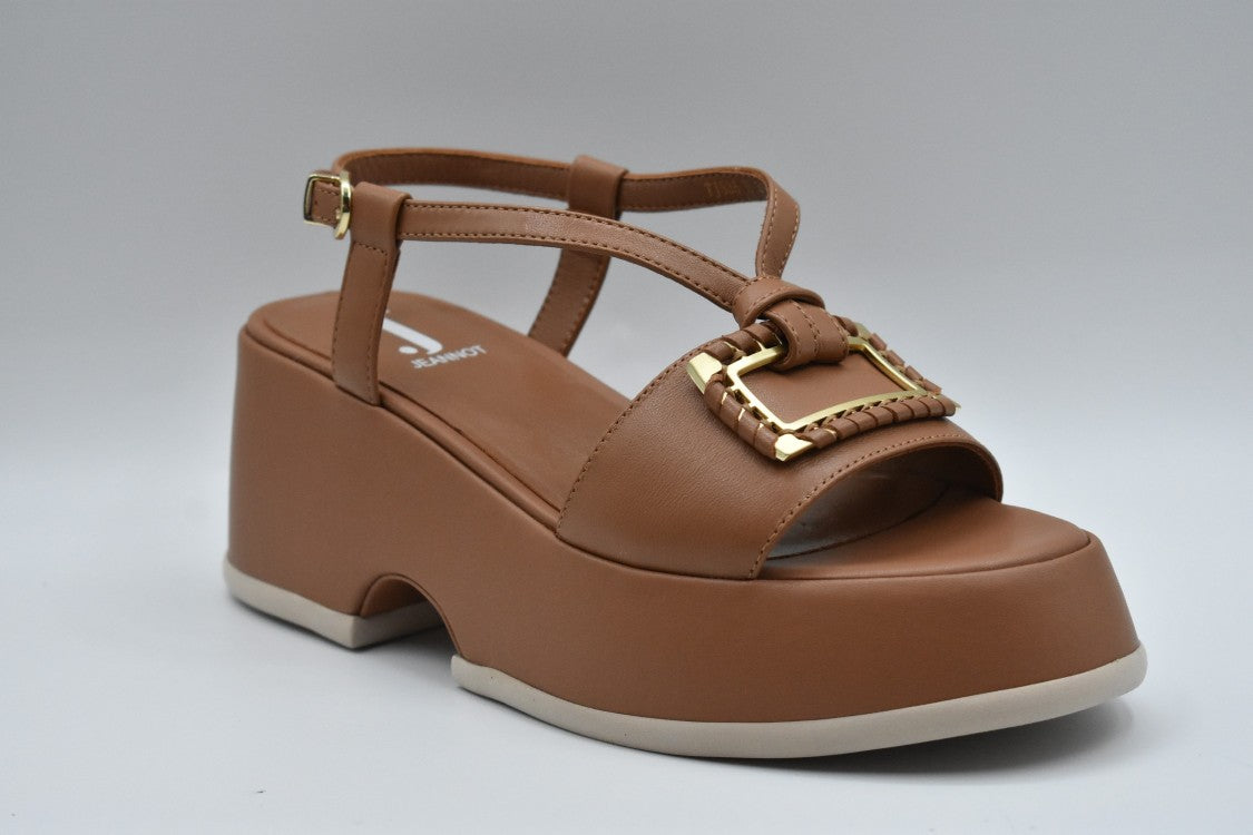 Jeannot Brown Leather Sandals With Decorative Buckle And Chunky Heel