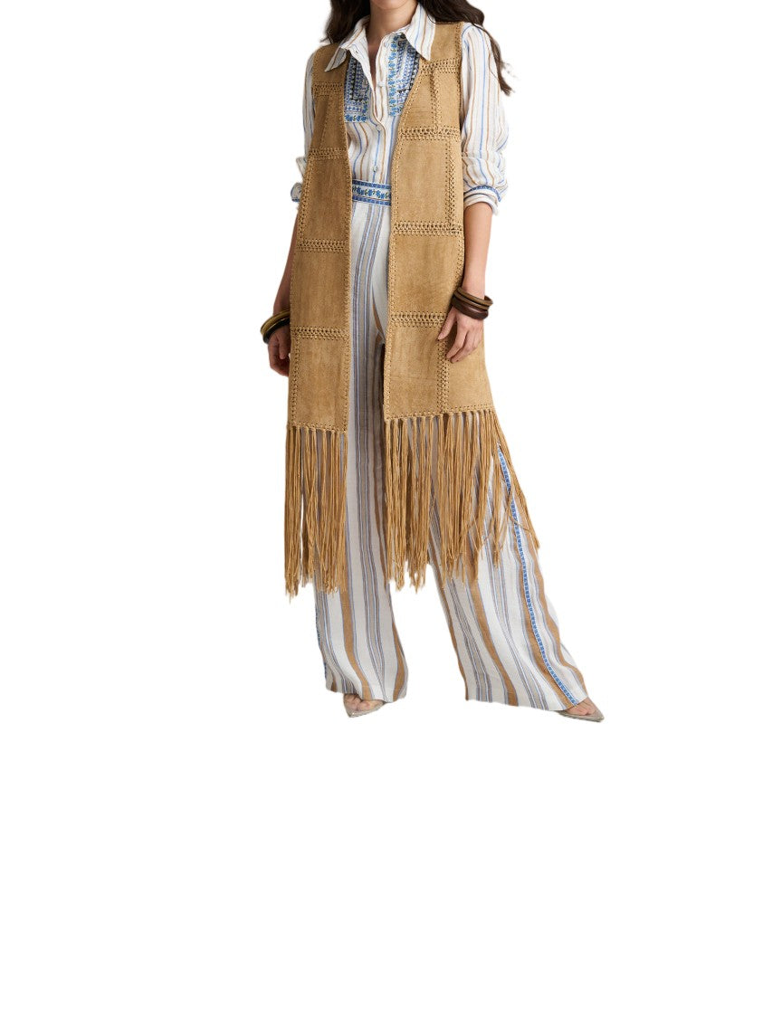 Pho Firenze Tan Eco Suede Fringe Long Vest