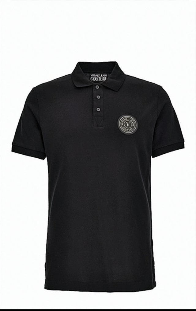 Versace Short Sleeve Black Polo Shirt With Gold Accents