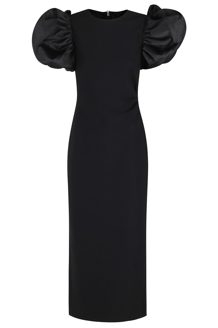 Rotate Black Draped Midi Puff Sleeve Polyester Dress