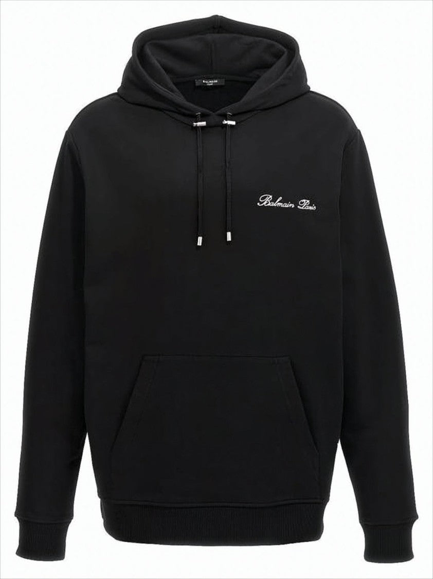 Balmain Minimalist Black Hoodie With Drawstring And Front Pocket