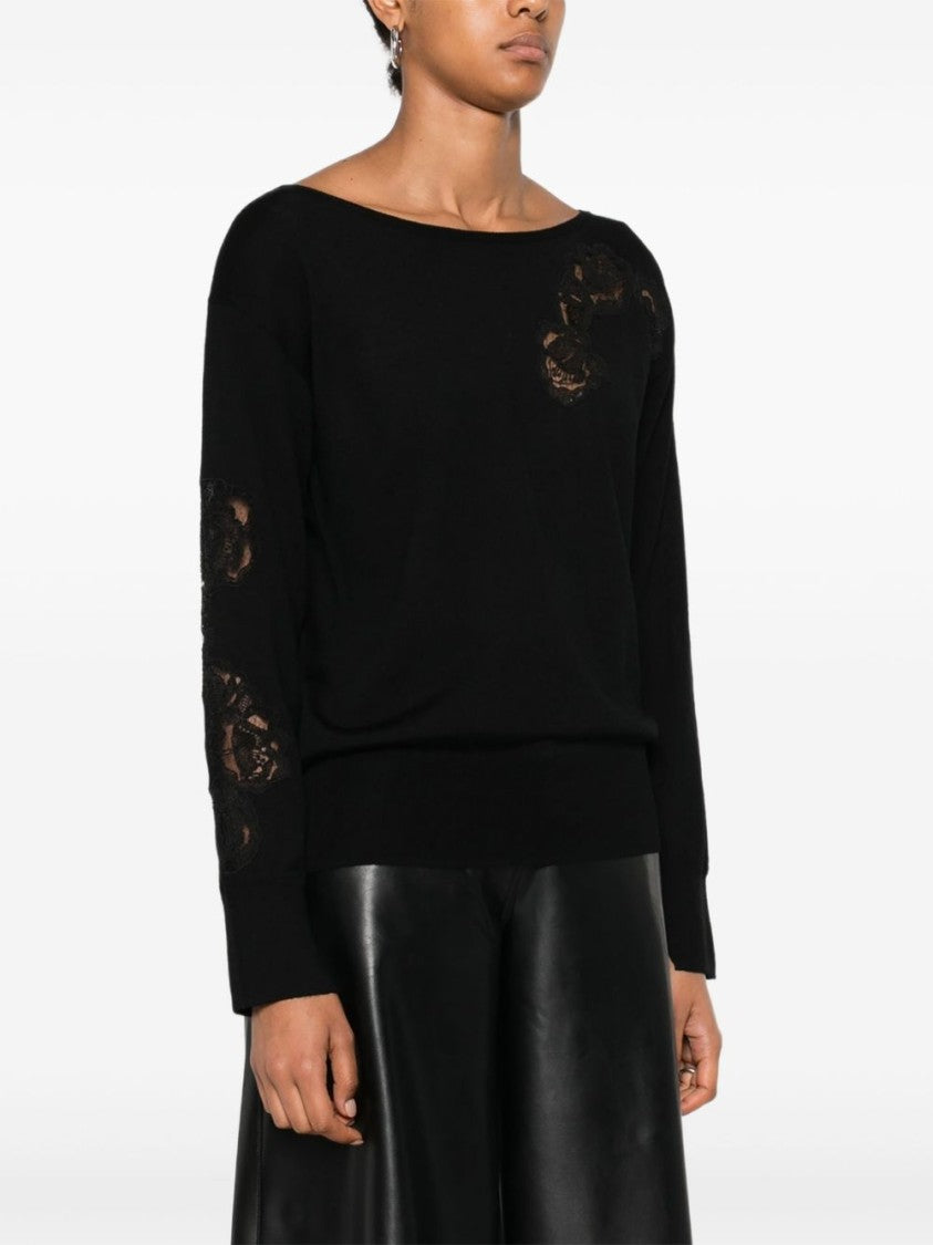 Blugirl Black Sweater With Lace Floral Appliqués
