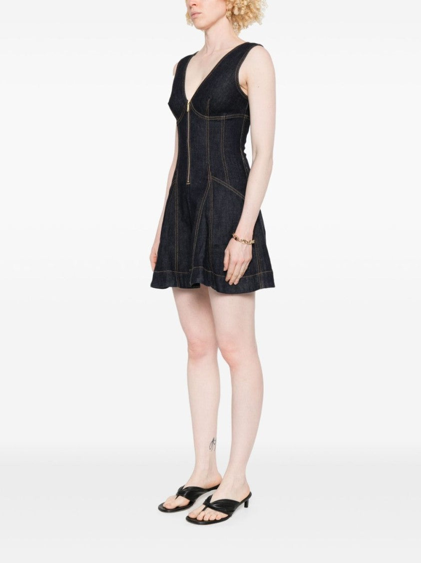 Self-Portrait Dark Denim Mini Dress With Deep V-Neckline