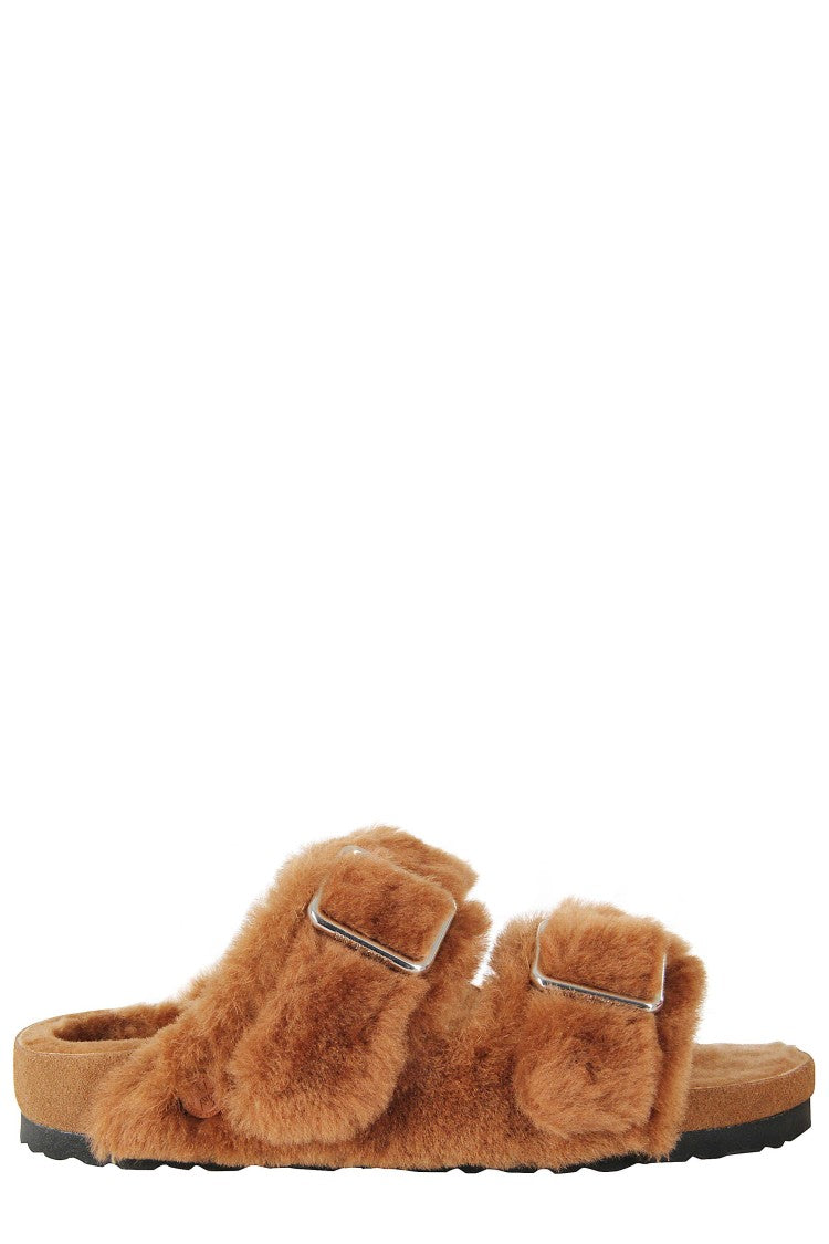 Birkenstock Caramel Shearling Slippers With Adjustable Double Strap